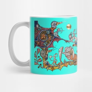 WEIRD MEDIEVAL BESTIARY WAR Between Snails and Killer Rabbits ,Lion,Centaur Knight in Blue Turquoise Mug